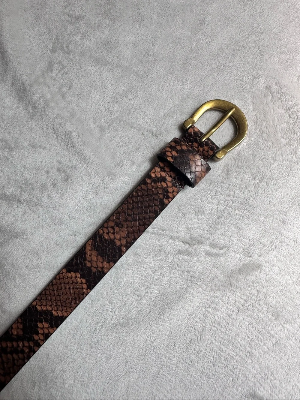 Snake-Print Belt with Brass Buckle - Pink Brown